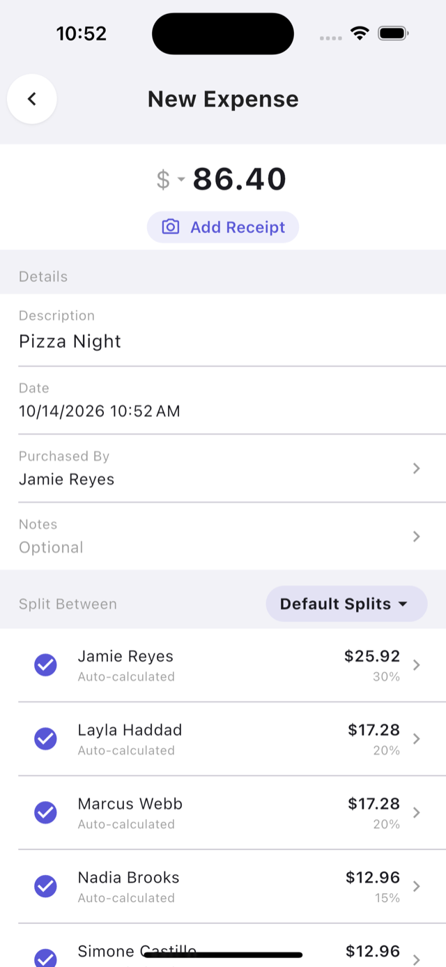 The New Expense screen for an $86.40 expense called Pizza Night, with an Add Receipt button, date, and who paid, and a Split Between list showing each person's percentage and dollar share.