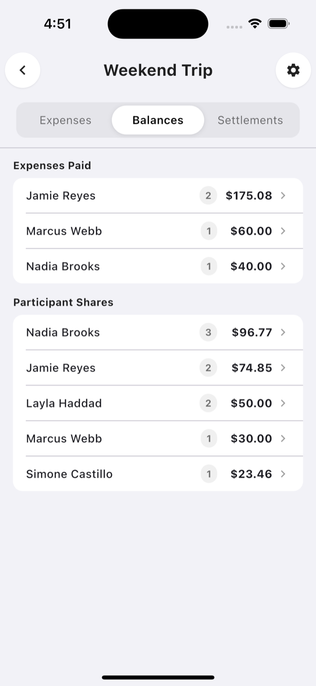 The Balances tab, showing what each person paid and each person's share of the total.