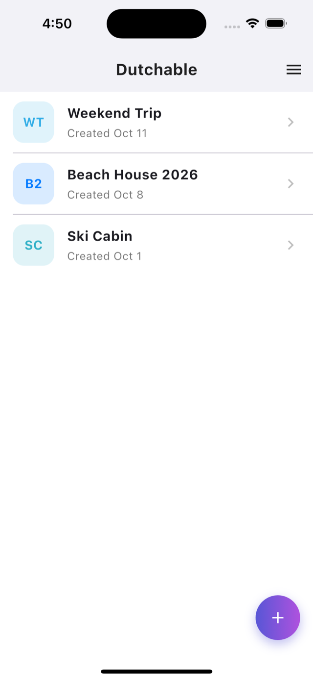 Dutchable's project list, showing three shared projects: Weekend Trip, Beach House 2026, and Ski Cabin.