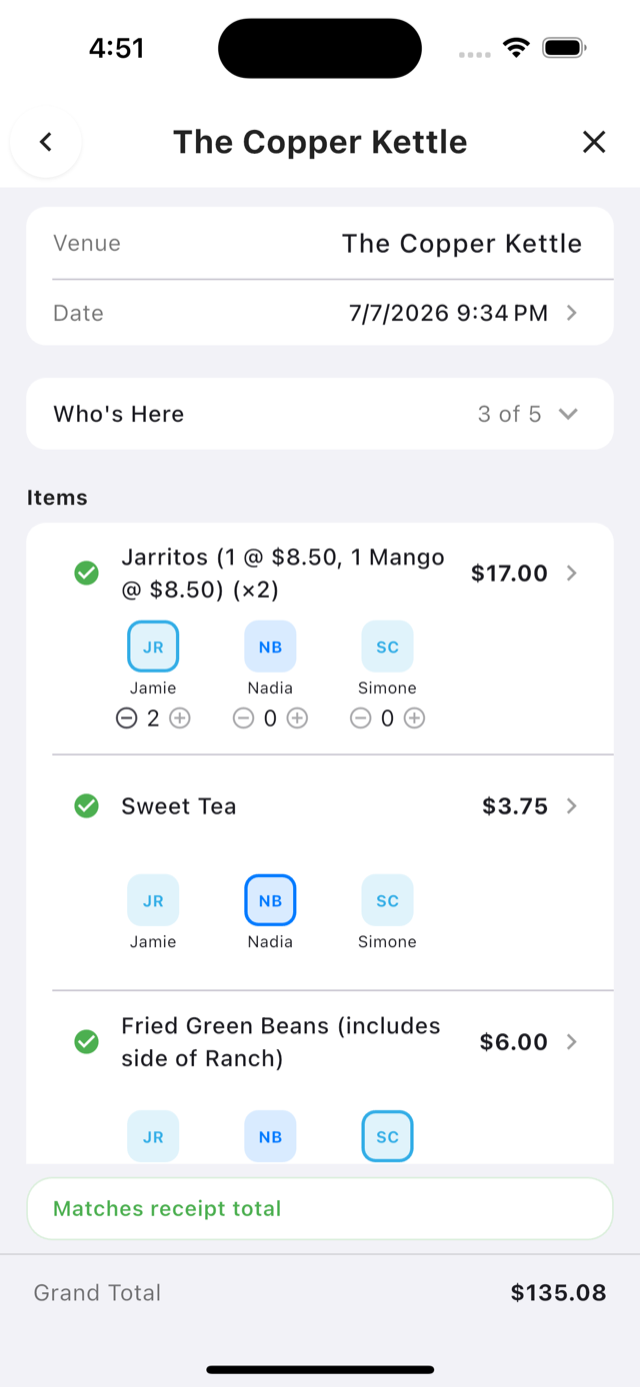 An itemized restaurant receipt split line by line, with each person's share of each item set and a note that the items match the receipt total.
