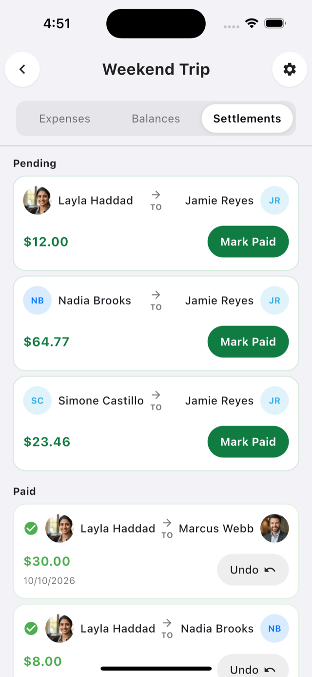 The Settlements tab, showing pending payments between people with Mark Paid buttons and a list of settled payments.